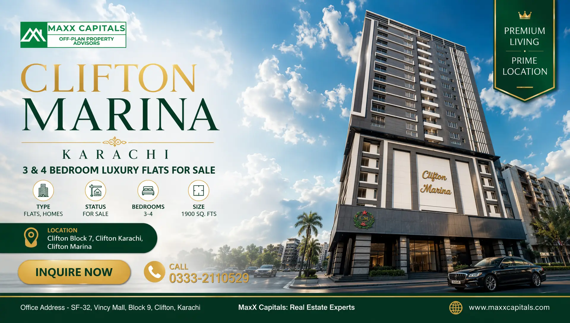 Clifton Marina Karachi 3 & 4 Bedroom Luxury Flats For Sale (1) Clifton Marina Karachi high-rise luxury flats with modern tower facade and landscaped frontage