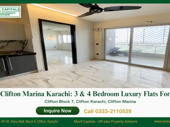 Clifton Marina Karachi apartment interior with marble flooring, kitchen cabinetry, balcony doors, and ceiling fan