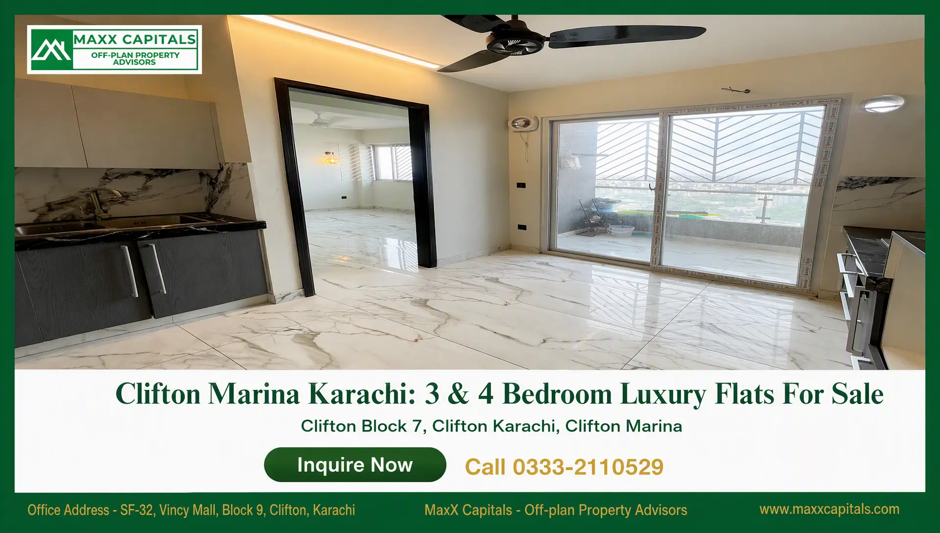 Clifton Marina Karachi 3 & 4 Bedroom Luxury Flats For Sale (2) Clifton Marina Karachi apartment interior with marble flooring, kitchen cabinetry, balcony doors, and ceiling fan