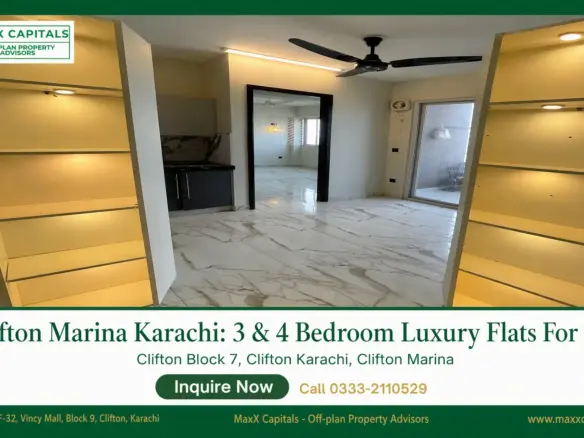 Modern Clifton Marina Karachi apartment interior with marble-look flooring, ceiling fan, and built-in shelving