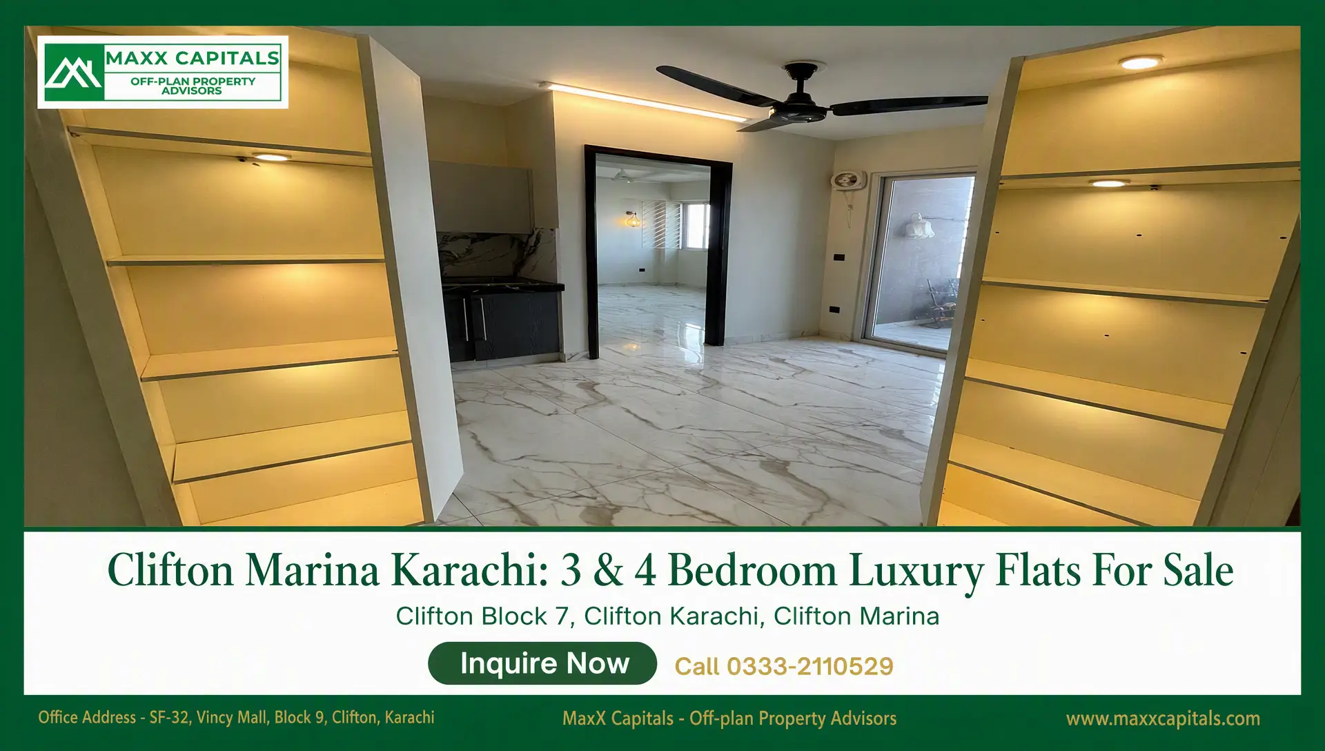 Clifton Marina Karachi 3 & 4 Bedroom Luxury Flats For Sale (3) Modern Clifton Marina Karachi apartment interior with marble-look flooring, ceiling fan, and built-in shelving