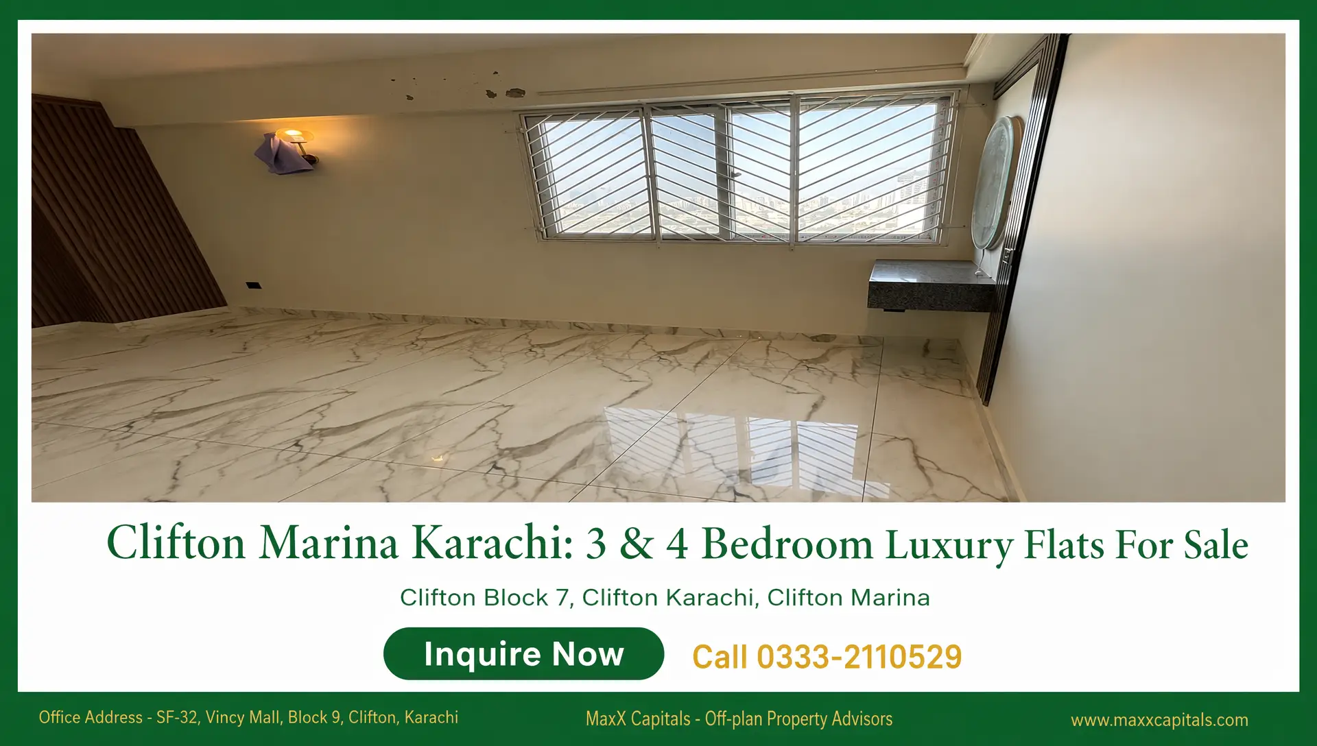 Clifton Marina Karachi 3 & 4 Bedroom Luxury Flats For Sale (4) Empty Clifton Marina Karachi flat interior with glossy marble flooring, barred window, and wall light