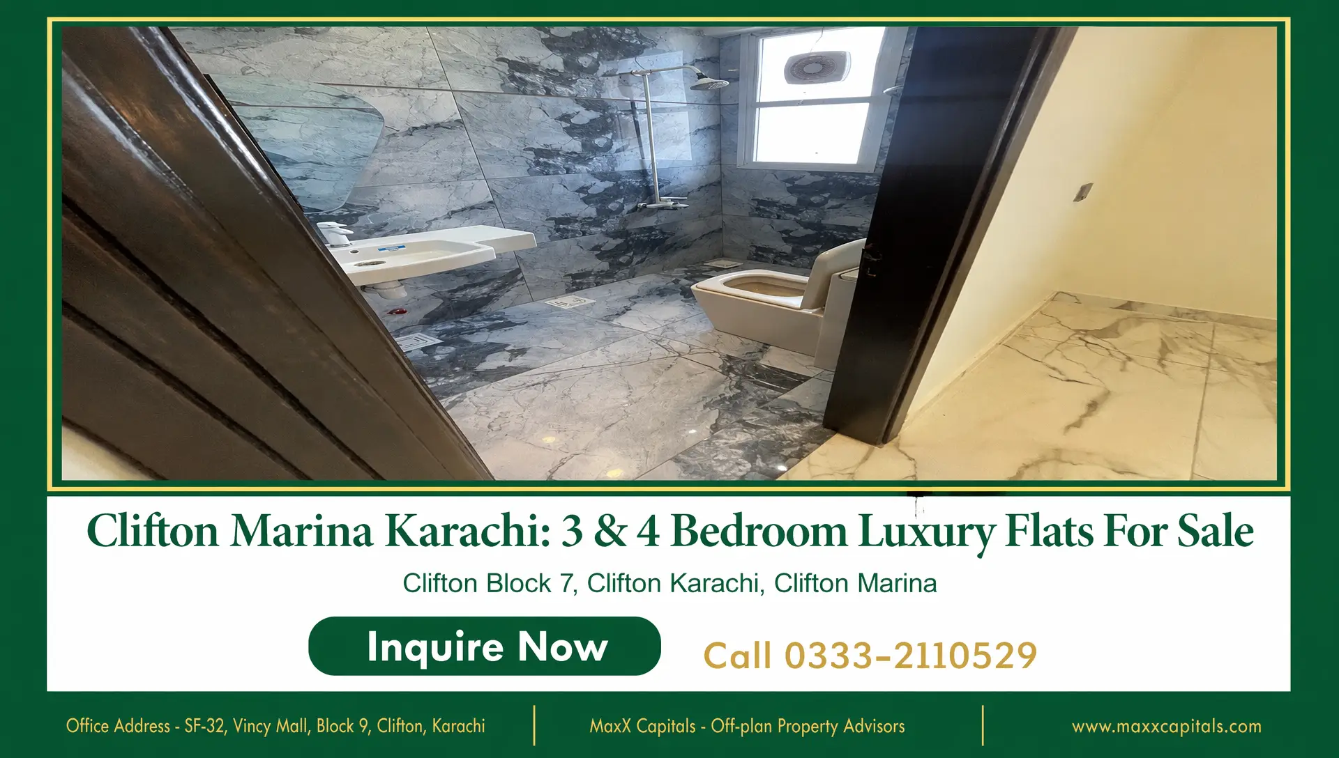Clifton Marina Karachi 3 & 4 Bedroom Luxury Flats For Sale (5) Modern Clifton Marina bathroom with marble-look wall tiles, shower area, sink, and toilet
