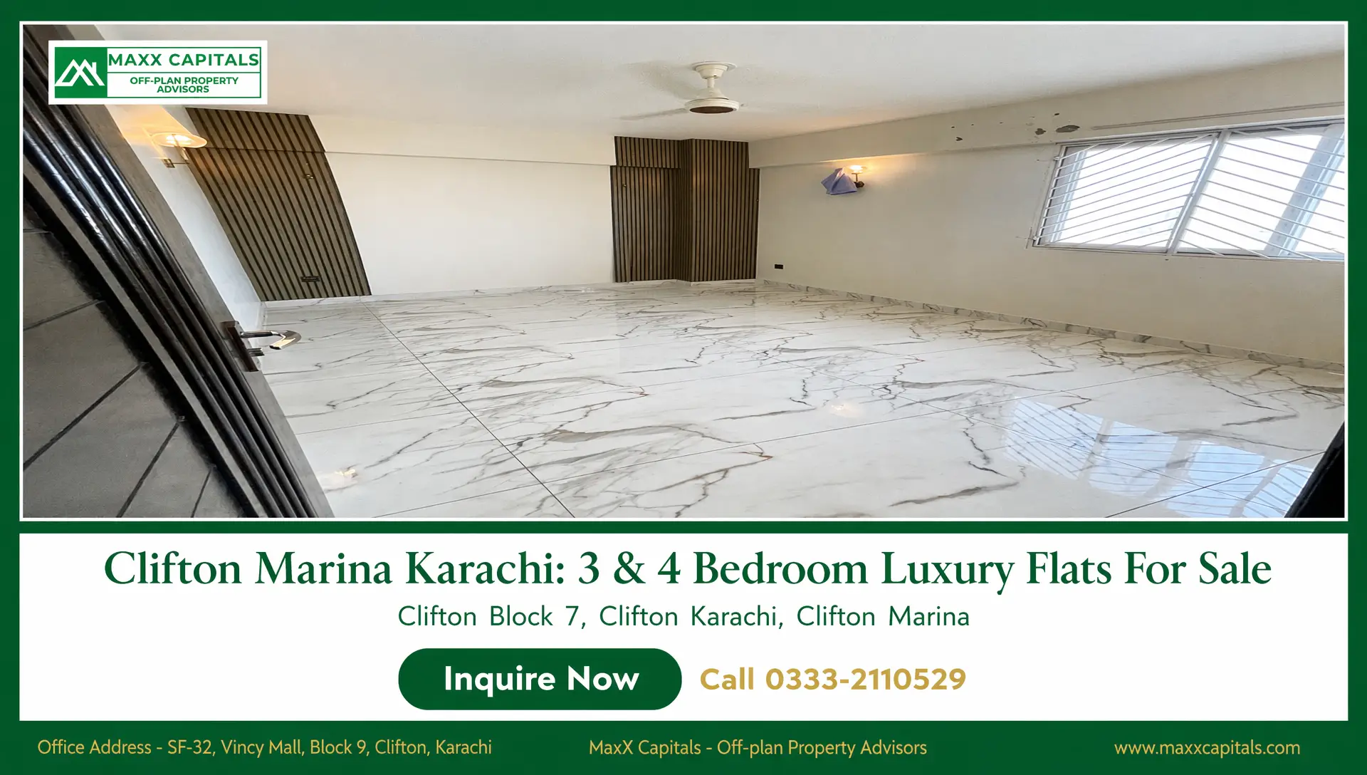 Clifton Marina Karachi 3 & 4 Bedroom Luxury Flats For Sale (6) Empty Clifton Marina Karachi apartment room with marble-look flooring, window grille, and ceiling fan