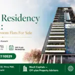 Pacific Residency Clifton Facade With Modern Vertical Architecture Featuring Sleek Lines And Greenery Accents Under A Clear S