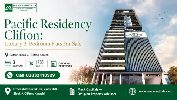 Pacific Residency Clifton Facade With Modern Vertical Architecture Featuring Sleek Lines And Greenery Accents Under A Clear S