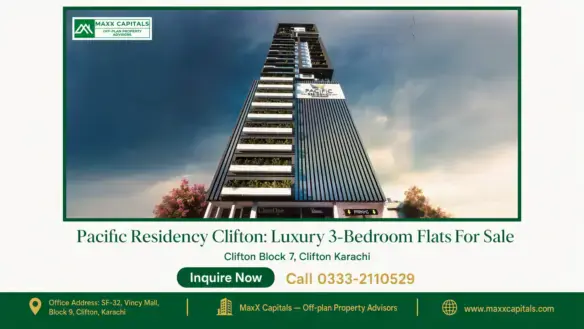 Modern high-rise building with vertical gardens and sleek architectural design in Pacific Residency Clifton.
