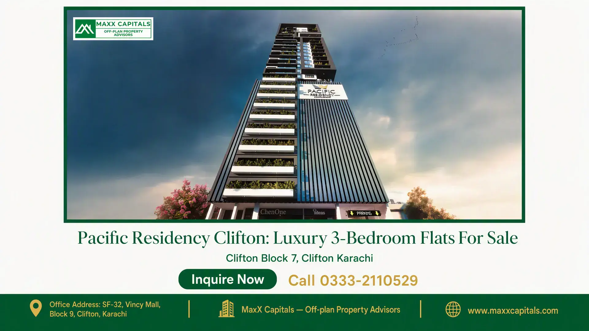Pacific Residency Clifton: Luxury 3-Bedroom Flats For Sale Modern high-rise building with vertical gardens and sleek architectural design in Pacific Residency Clifton.