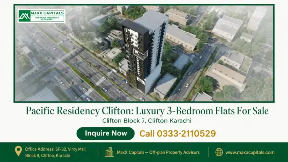 High-rise residential building of Pacific Residency Clifton surrounded by greenery and well-planned urban roads in Clifton Ka