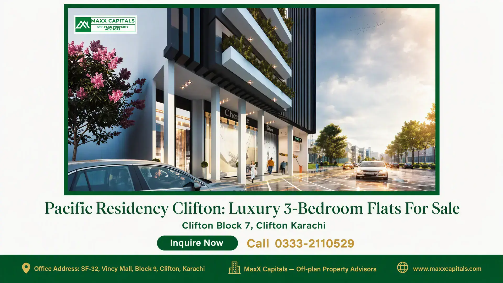 Pacific Residency Clifton: Luxury 3-Bedroom Flats For Sale Pacific Residency's modern exterior with sleek architectural design, showcasing terrace gardens, glass storefronts, and illum