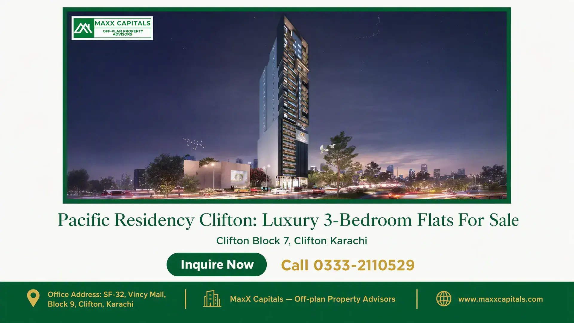 Pacific Residency Clifton: Luxury 3-Bedroom Flats For Sale Night view of Pacific Residency Clifton featuring a modern high-rise building with illuminated windows and landscaped surroun
