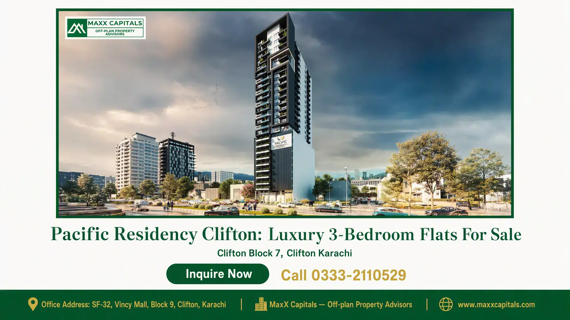 Pacific Residency Clifton: Luxury 3-Bedroom Flats For Sale Modern high-rise tower of Pacific Residency in Clifton Block 7, surrounded by greenery and urban infrastructure.