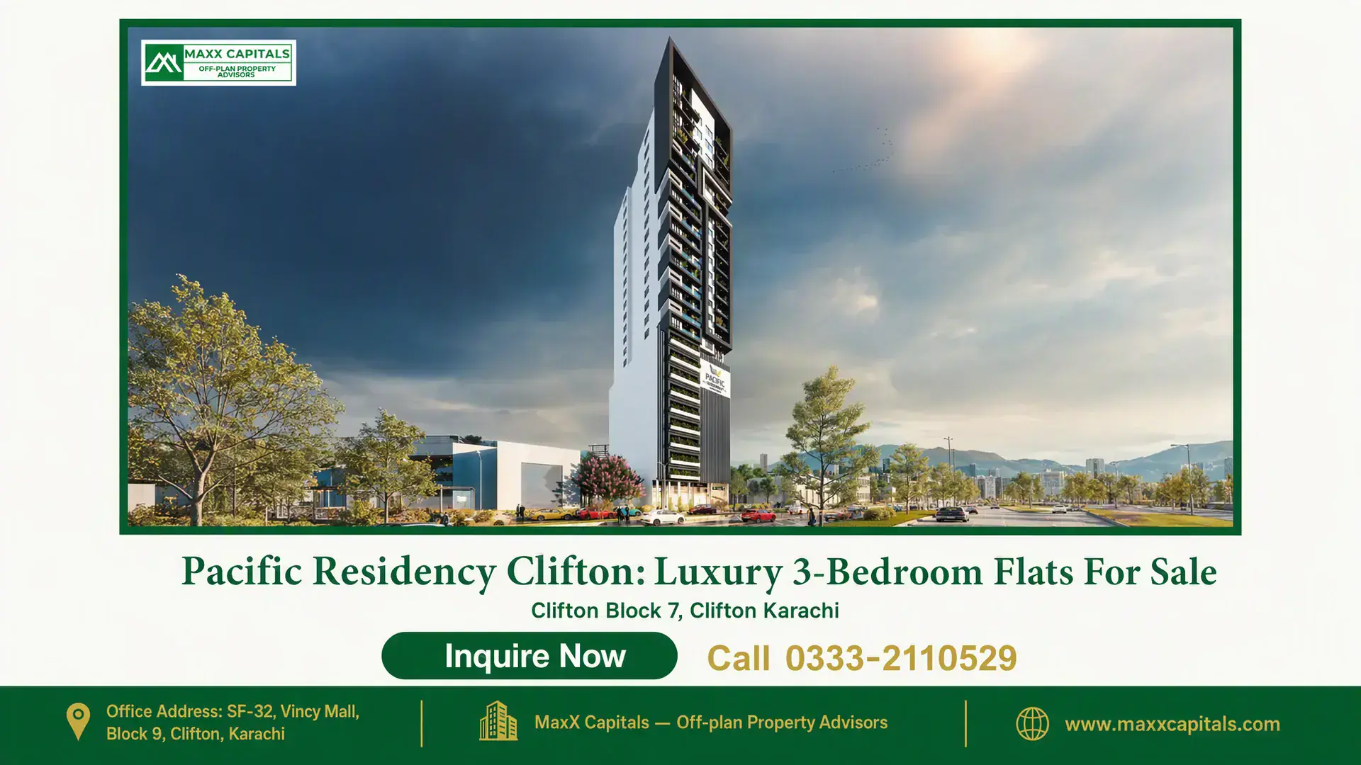 Pacific Residency Clifton: Luxury 3-Bedroom Flats For Sale Modern high-rise building of Pacific Residency Clifton surrounded by greenery and a clear skyline in Clifton Karachi.