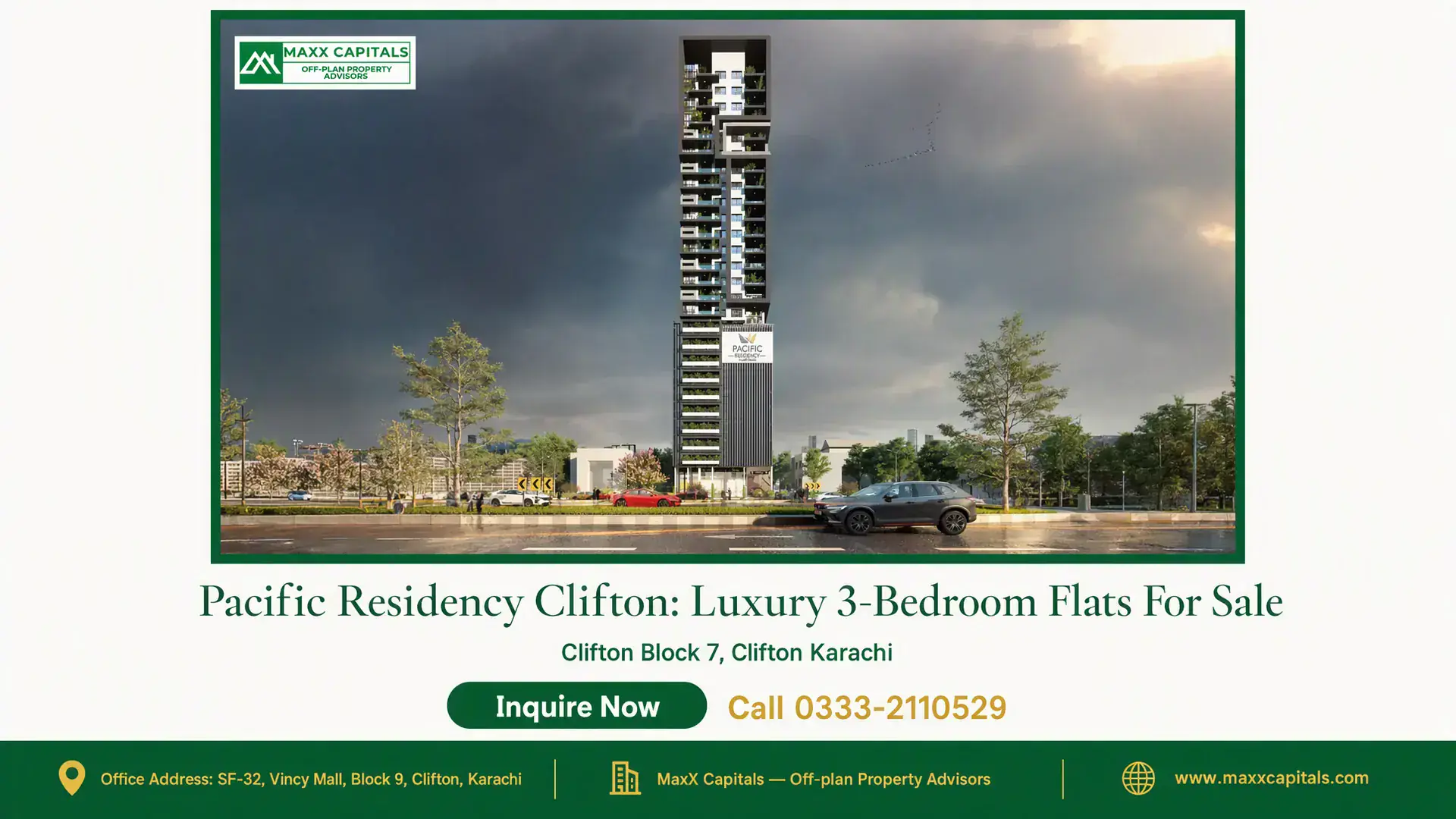 Pacific Residency Clifton: Luxury 3-Bedroom Flats For Sale Pacific Residency Clifton high-rise building with modern architecture, lush landscaping, and urban street view in Clifton Kar