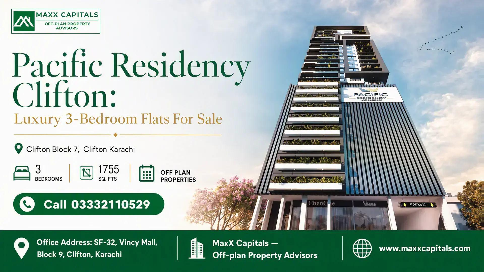 Pacific Residency Clifton: Luxury 3-Bedroom Flats For Sale Pacific Residency Clifton facade with modern vertical architecture featuring sleek lines and greenery accents under a clear s