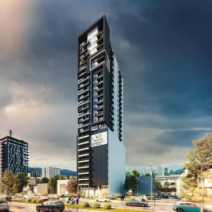 Pacific Residency Clifton Luxury 3-Bedroom Apartments For Sale In Block 7 Clifton Karachi Exclusive Community (3) Pacific Residency Clifton high-rise with sleek black facade, balconies, greenery accents, and prominent signage amid urban se