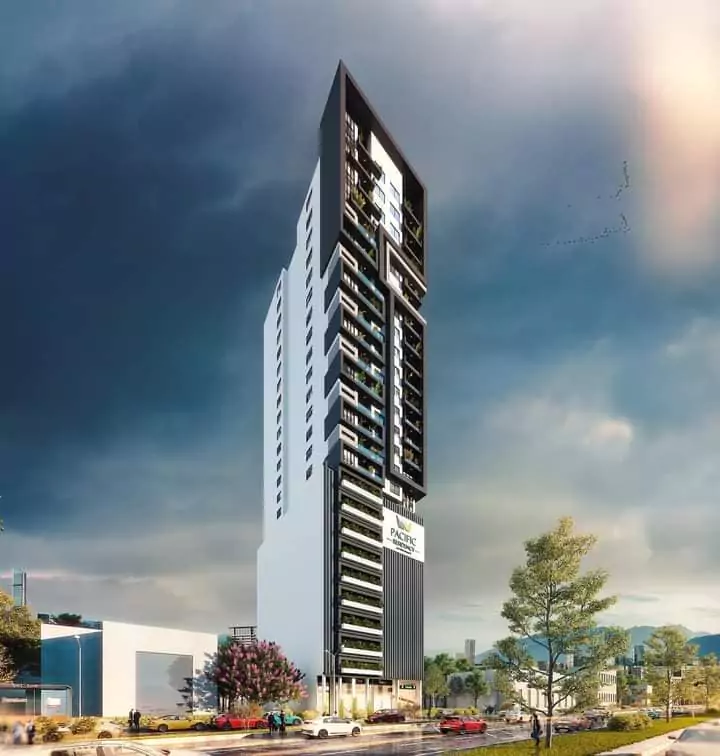 Pacific Residency Clifton Luxury 3-Bedroom Apartments For Sale In Block 7 Clifton Karachi Exclusive Community (4) Pacific Residency Clifton high-rise with modern white and black facade, multiple balconies, signage, trees, and parked cars