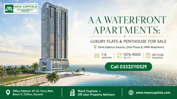 Modern High-Rise Building With Glass Facade Overlooking The Ocean At Aa Waterfront In Karachi, Surrounded By Palm Trees.