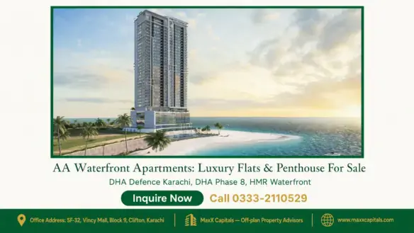 Modern high-rise building overlooking a pristine beach and ocean, part of the upscale AA Waterfront Apartments in DHA Karachi