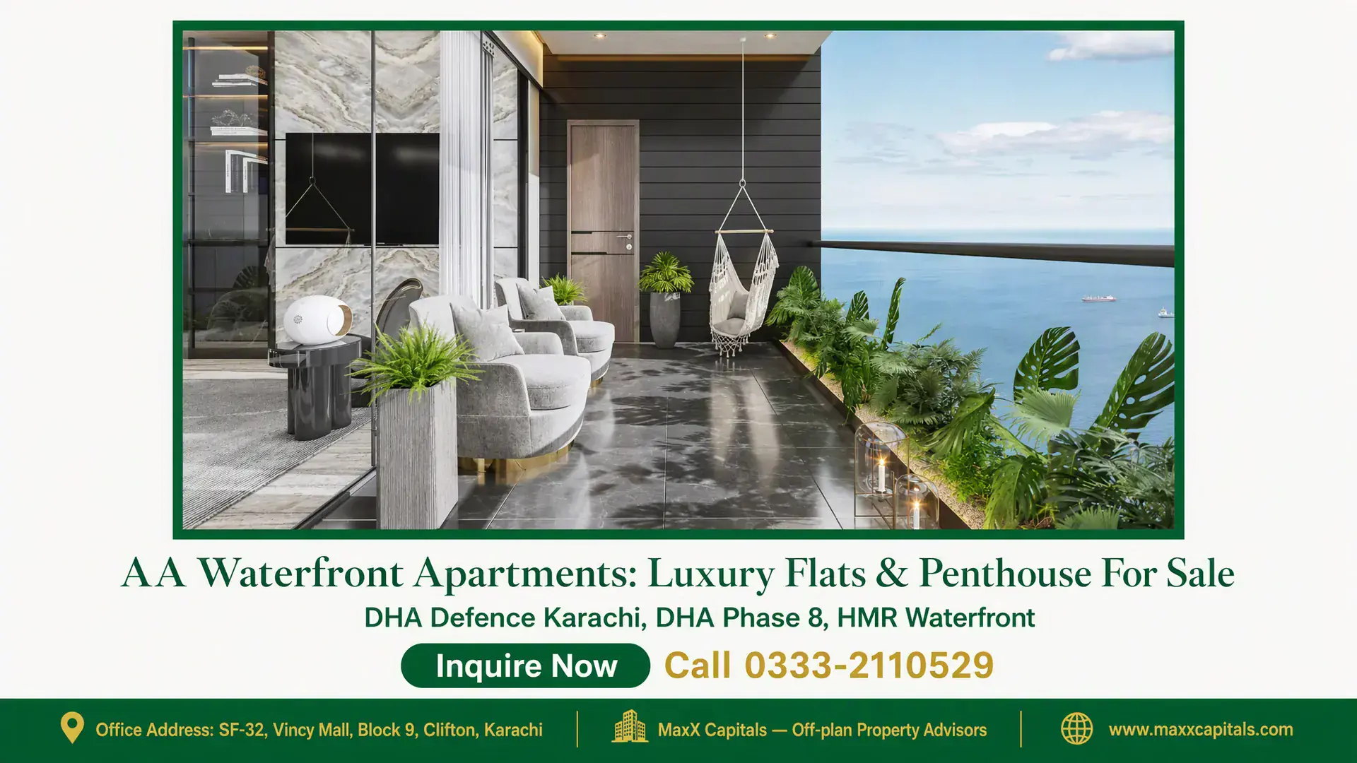 AA Waterfront Apartments: Luxury Flats & Penthouse For Sale Luxurious terrace with modern seating, glass railing, lush greenery, ocean view, and a hanging chair at AA Waterfront.