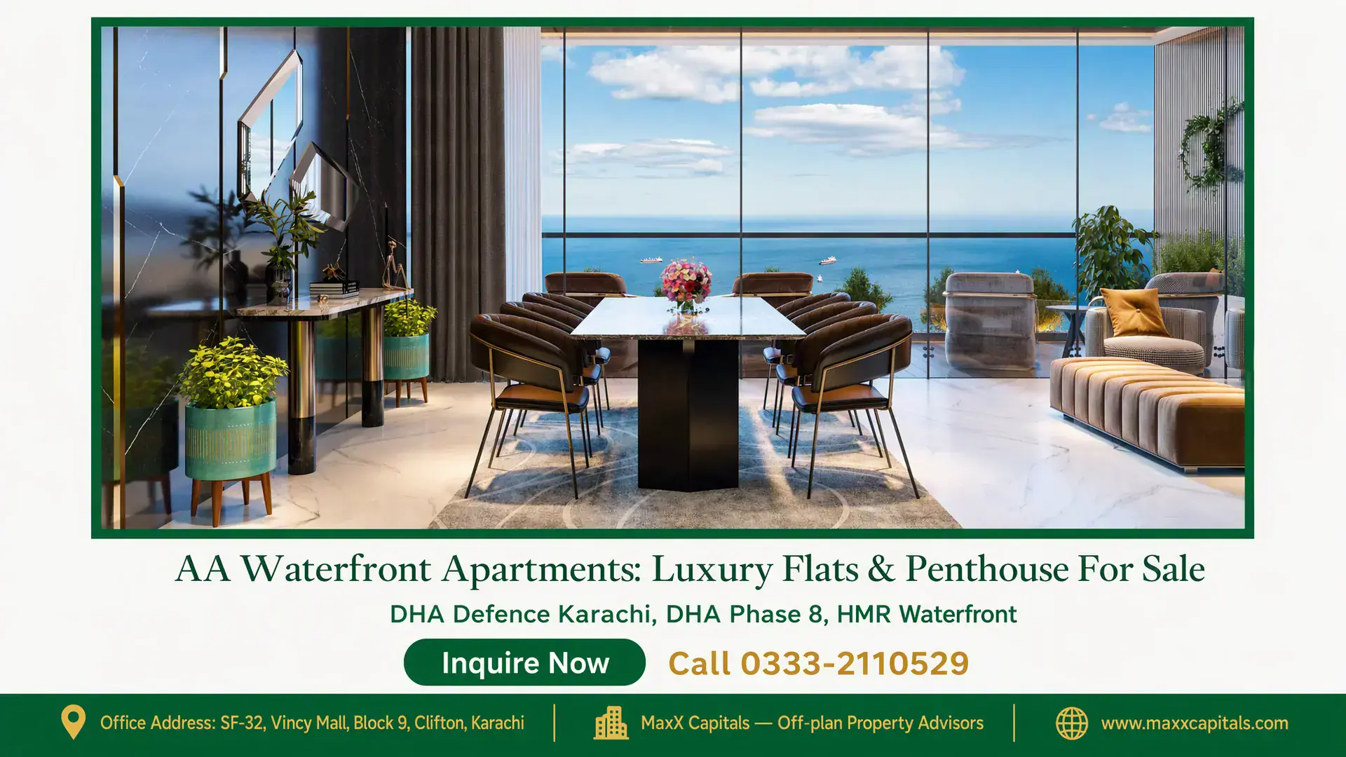 AA Waterfront Apartments: Luxury Flats & Penthouse For Sale Modern dining area with a marble table, leather chairs, floor-to-ceiling windows, ocean view, and elegant decor at AA Waterfr