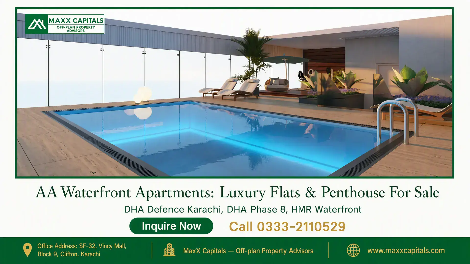 AA Waterfront Apartments: Luxury Flats & Penthouse For Sale Modern rooftop pool with glass railings, wooden deck, lounging chairs, and lush potted plants at AA Waterfront Apartments.