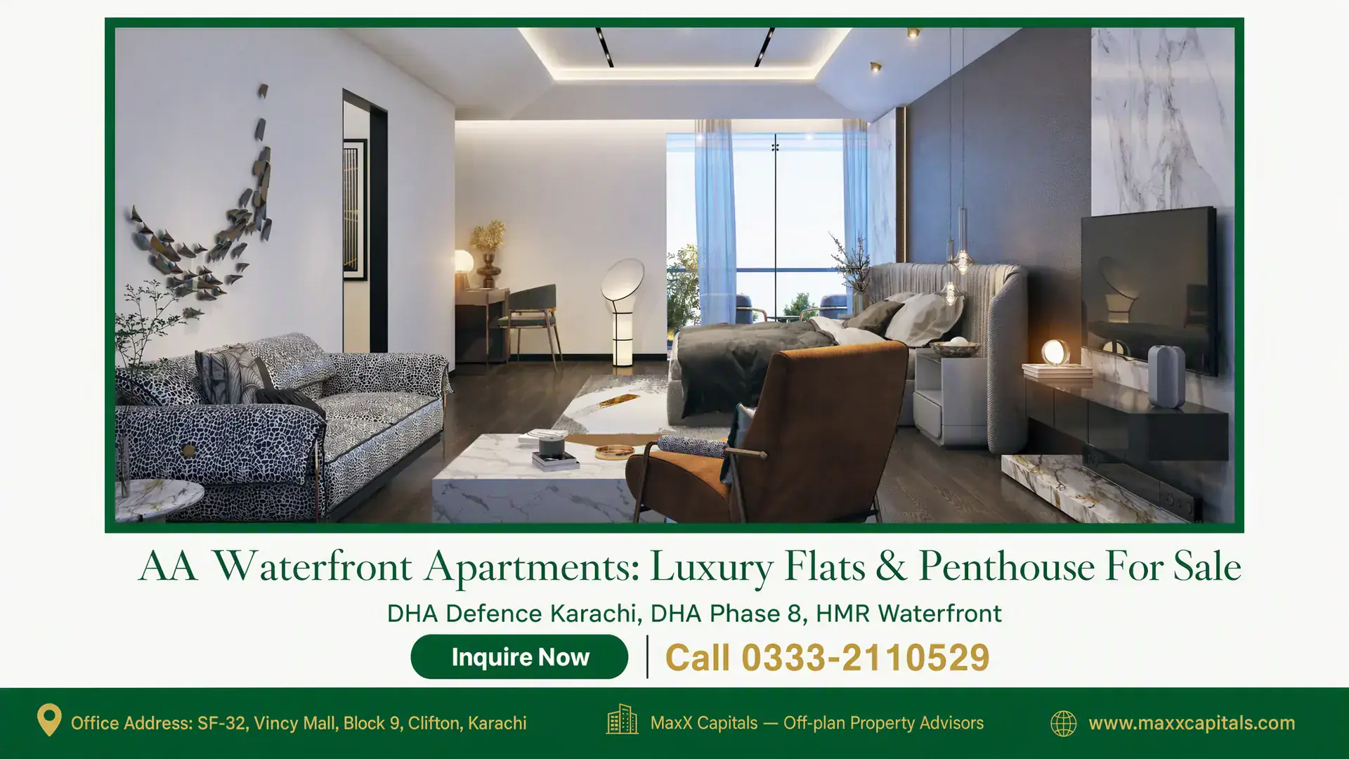 AA Waterfront Apartments: Luxury Flats & Penthouse For Sale Luxurious contemporary bedroom and lounge area with floor-to-ceiling windows, marble accents, and elegant furniture at AA Wat