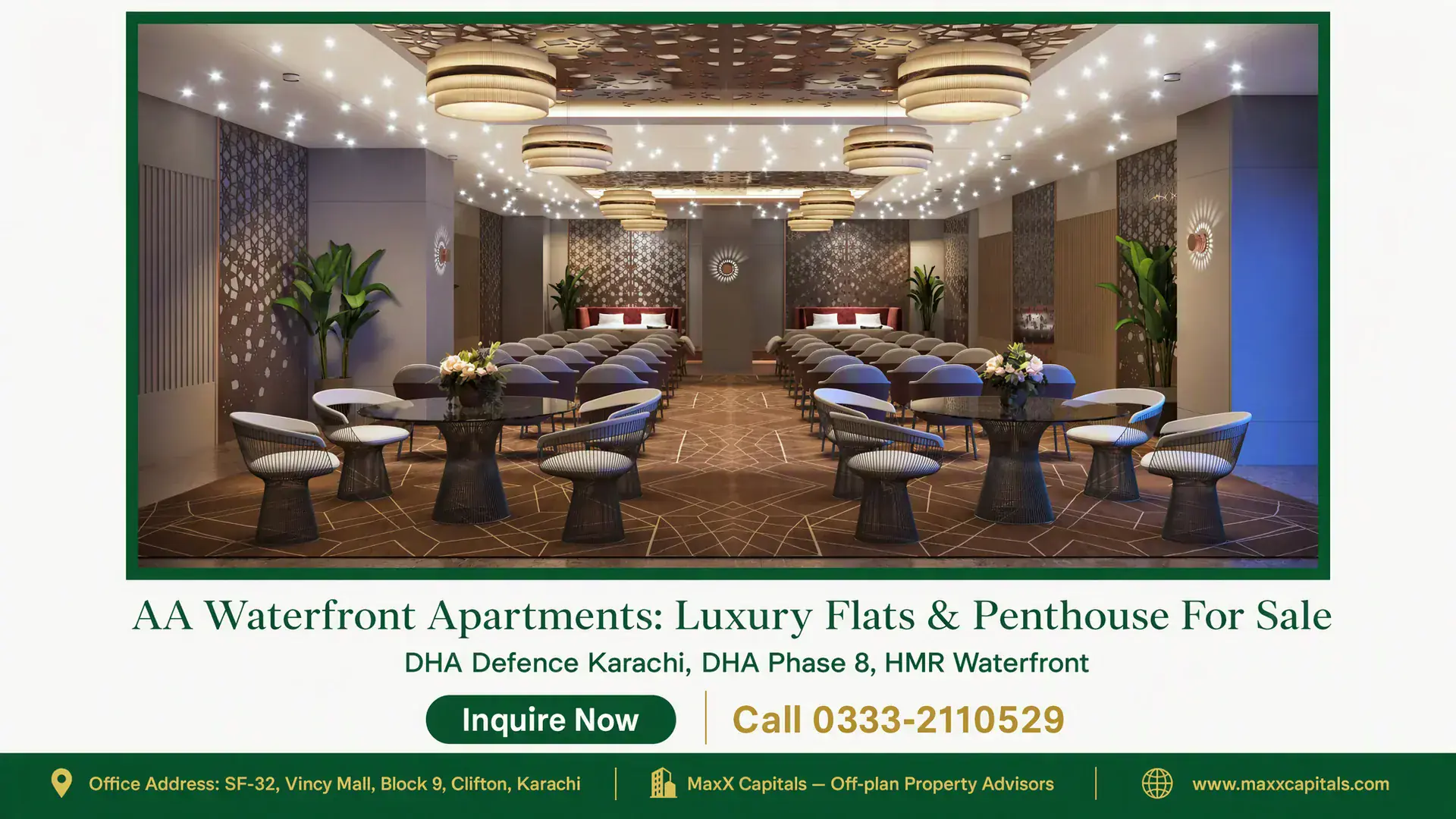 AA Waterfront Apartments: Luxury Flats & Penthouse For Sale Luxurious conference room with modern decor, elegant lighting, and seating arrangements at AA Waterfront apartments.