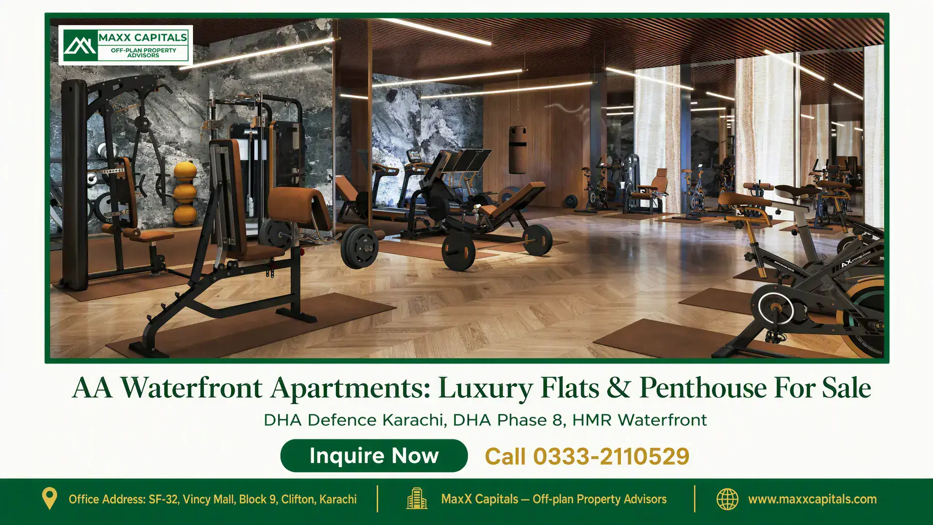 AA Waterfront Apartments: Luxury Flats & Penthouse For Sale Luxury gym with state-of-the-art equipment in AA Waterfront Apartments featuring wooden floors and ambient lighting.