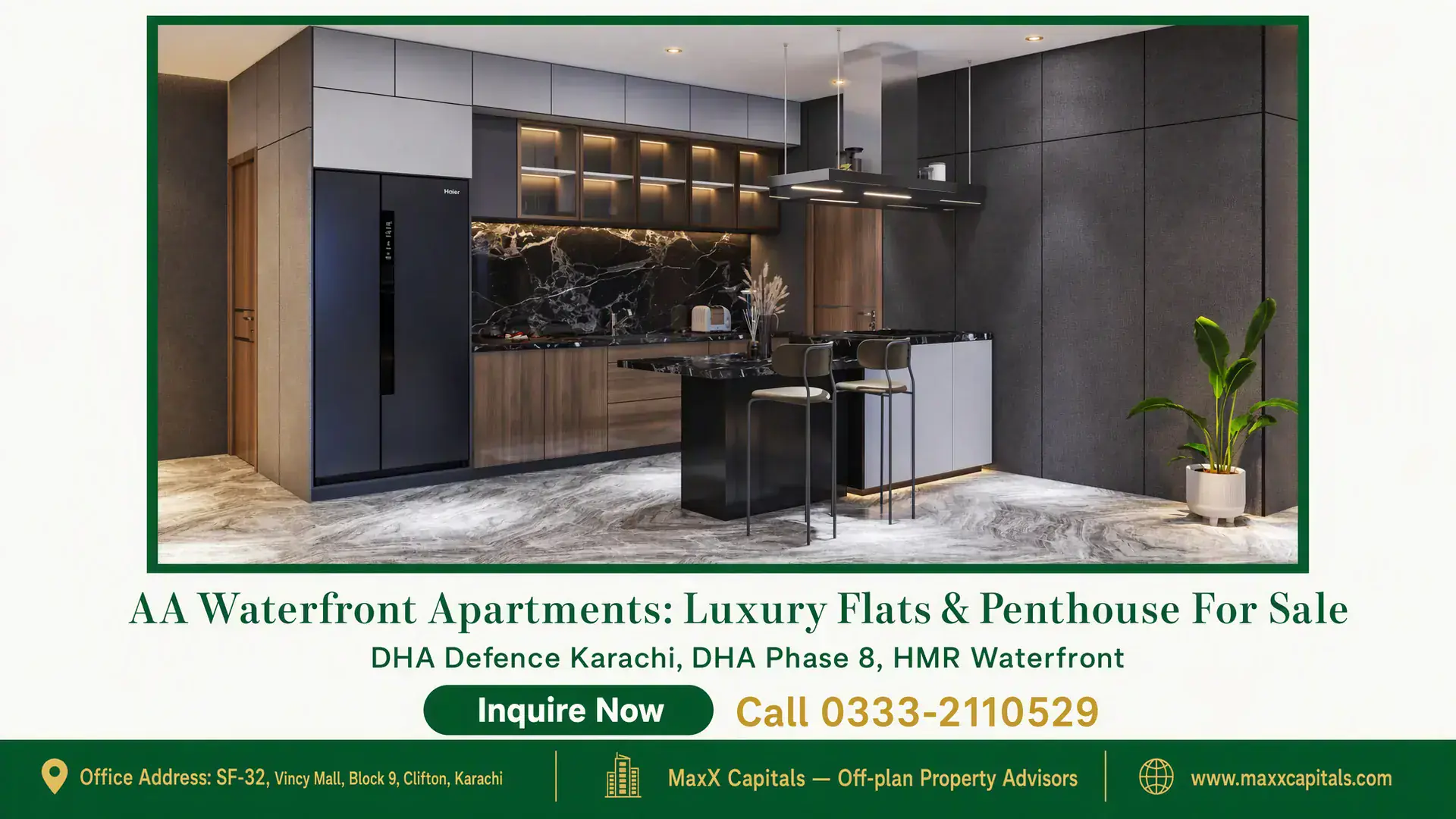 AA Waterfront Apartments: Luxury Flats & Penthouse For Sale Modern kitchen in AA Waterfront Apartments with marble flooring, sleek cabinetry, black island, and accent lighting.