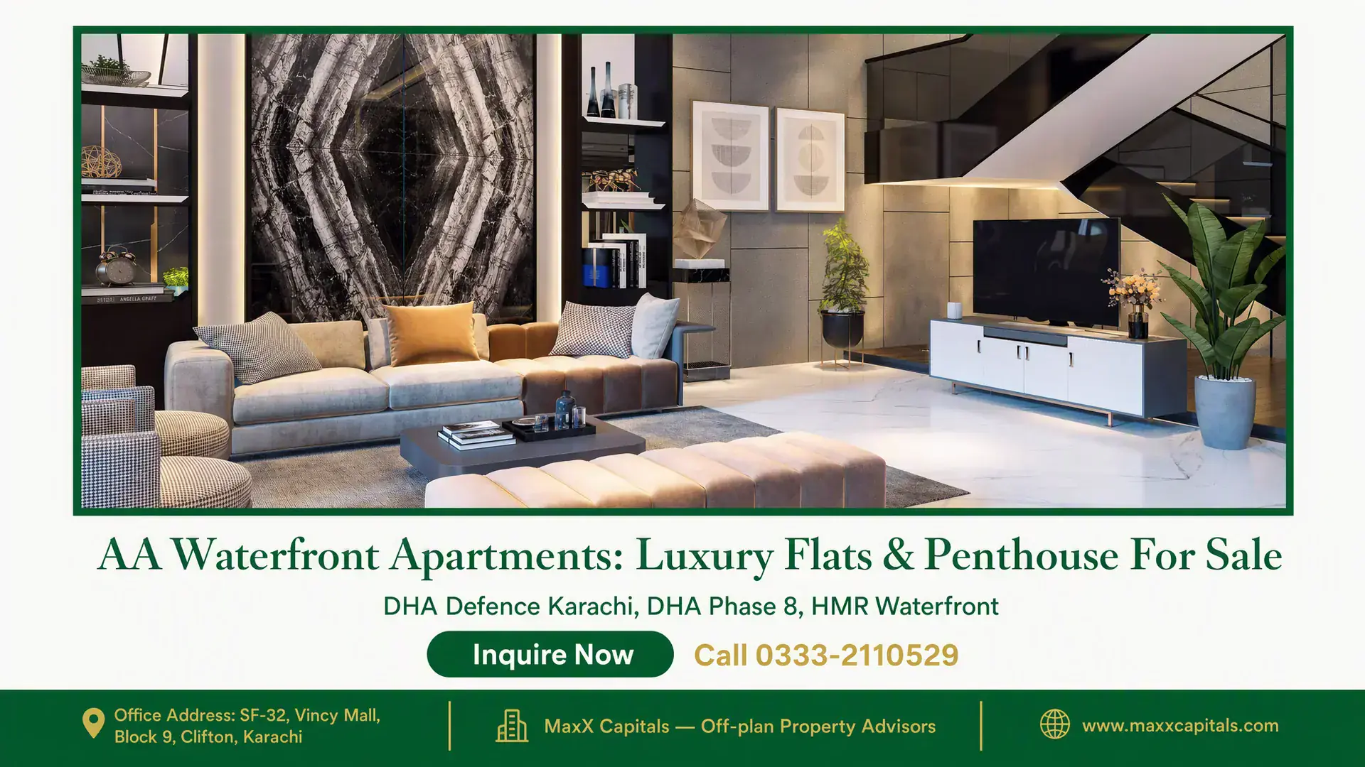 AA Waterfront Apartments: Luxury Flats & Penthouse For Sale Modern luxury living room with marble floors, designer furnishings, abstract art wall, and sleek staircase at AA Waterfront.