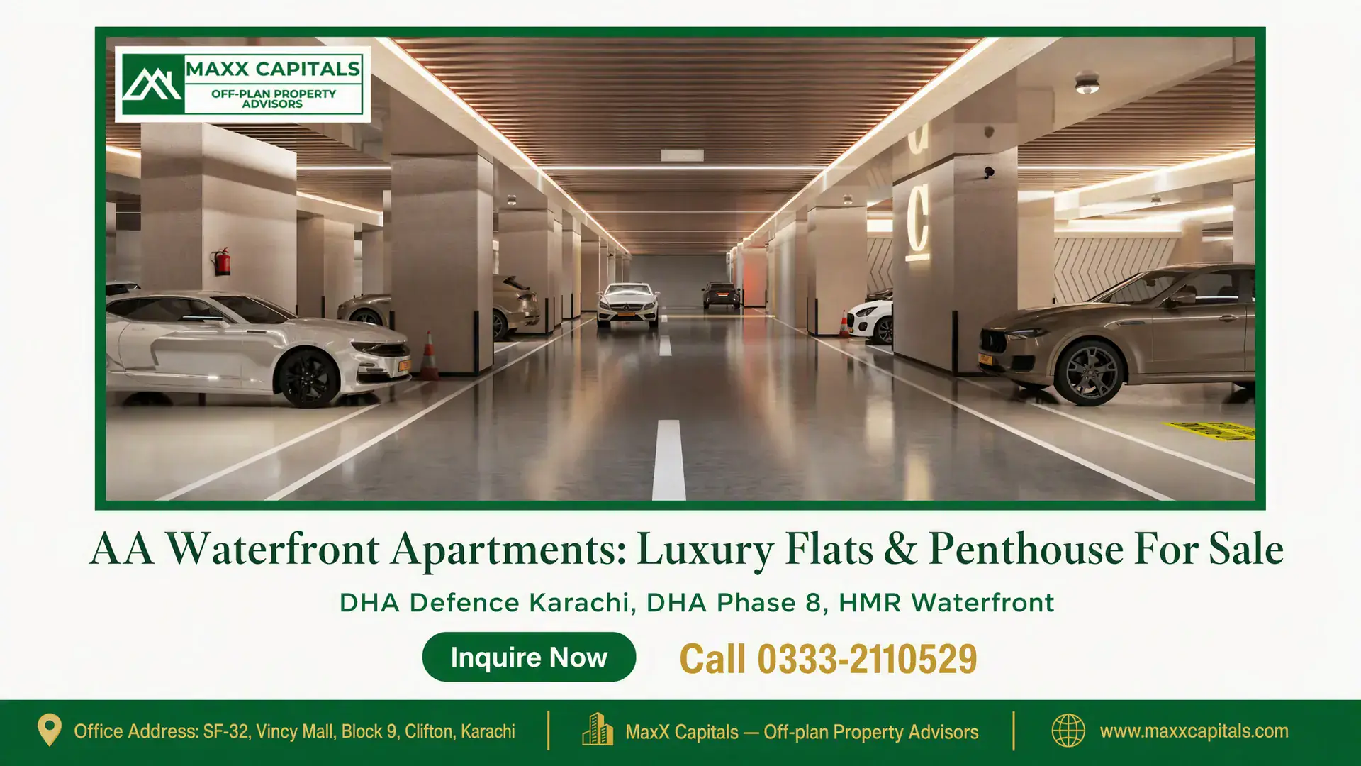 AA Waterfront Apartments: Luxury Flats & Penthouse For Sale Luxury underground parking with sleek cars and ambient lighting at AA Waterfront Apartments, showcasing secure premium amenit