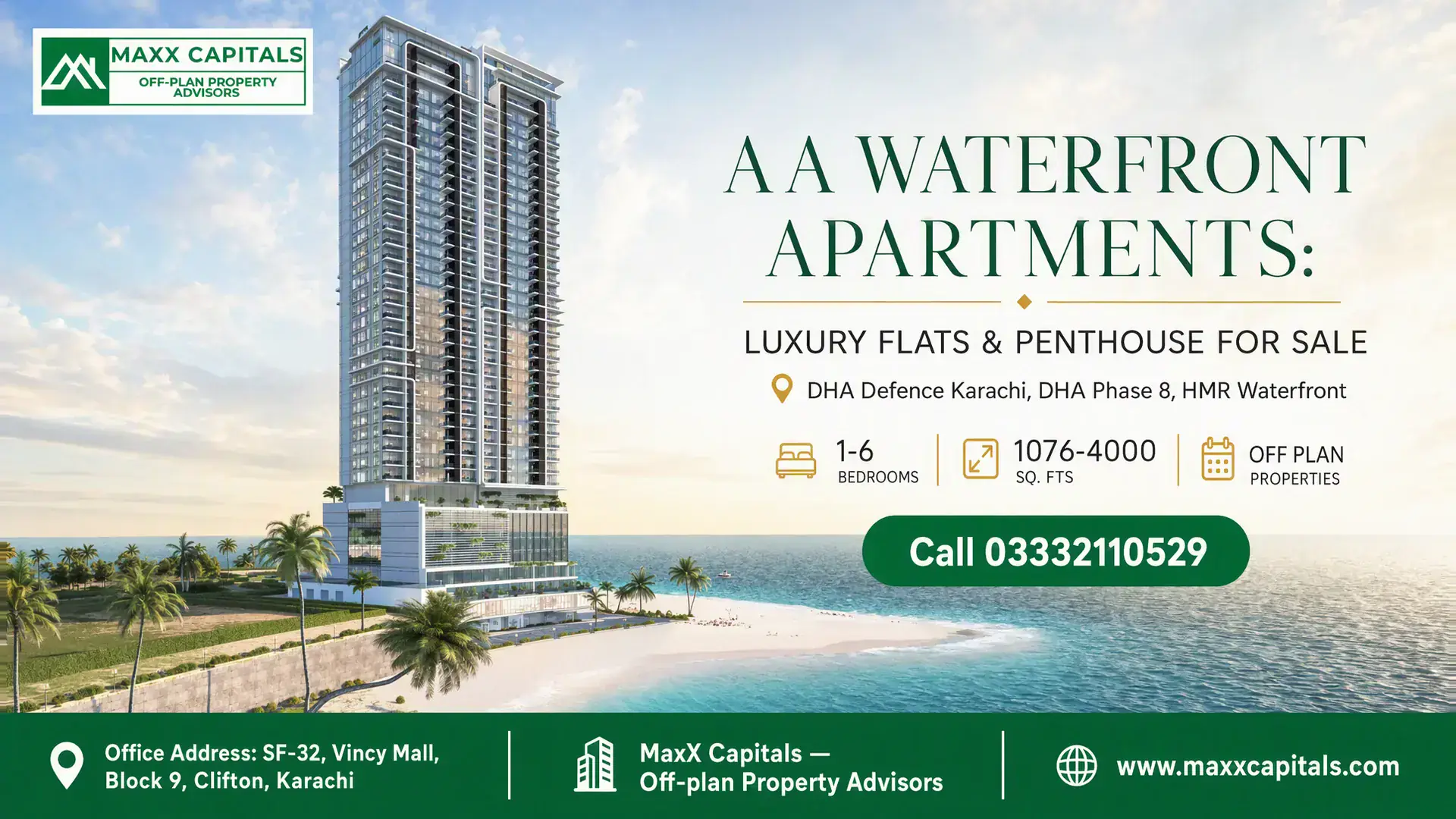 AA Waterfront Apartments: Luxury Flats & Penthouse For Sale Modern high-rise building with glass facade overlooking the ocean at AA Waterfront in Karachi, surrounded by palm trees.