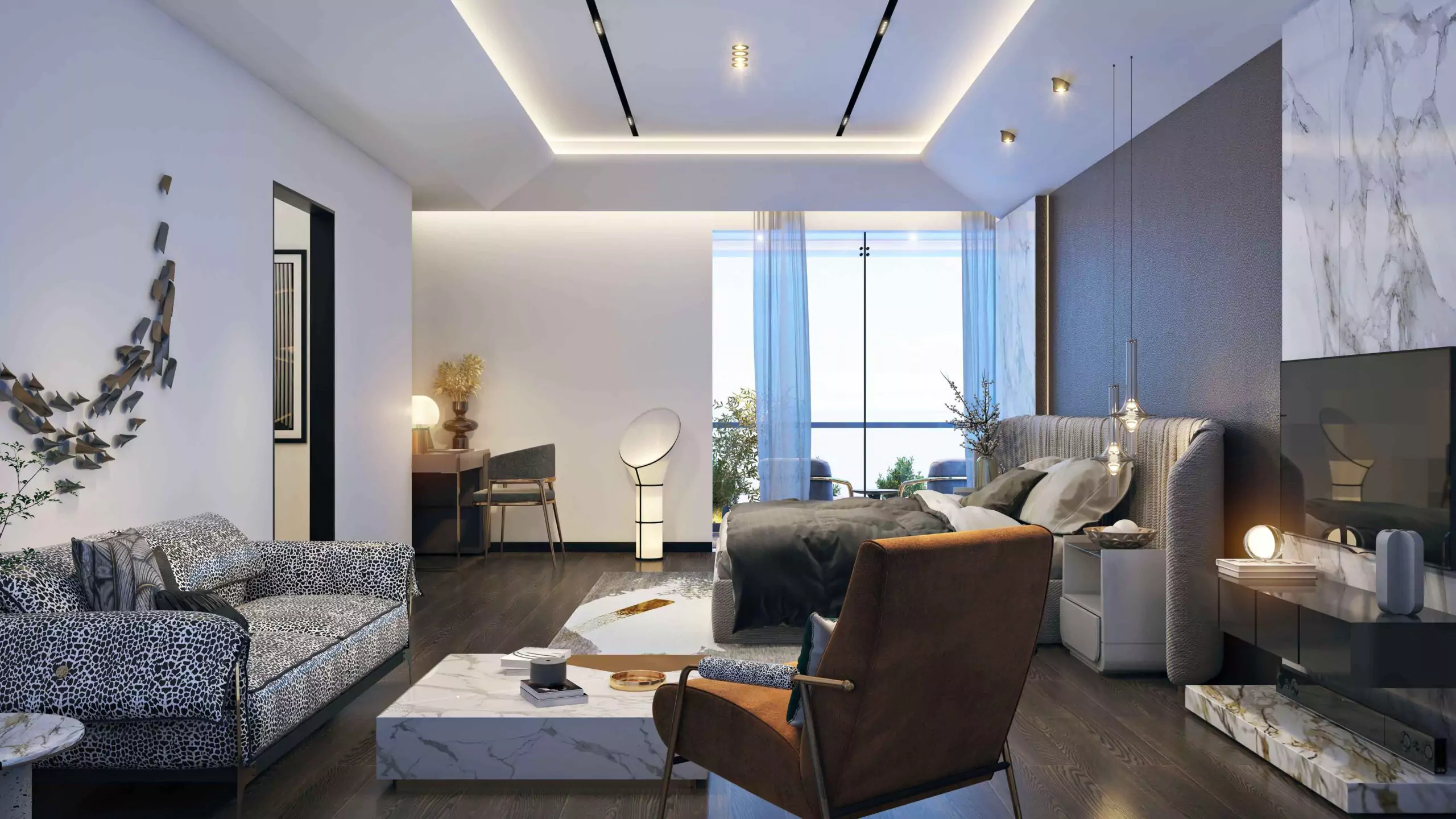 AA Waterfront Apartments Luxury Flats & Penthouse For Sale In DHA Phase 8 Karachi (2) Spacious luxury bedroom-living area in AA Waterfront Apartments with waterfront views, modern gray sofa, king bed, marble wal