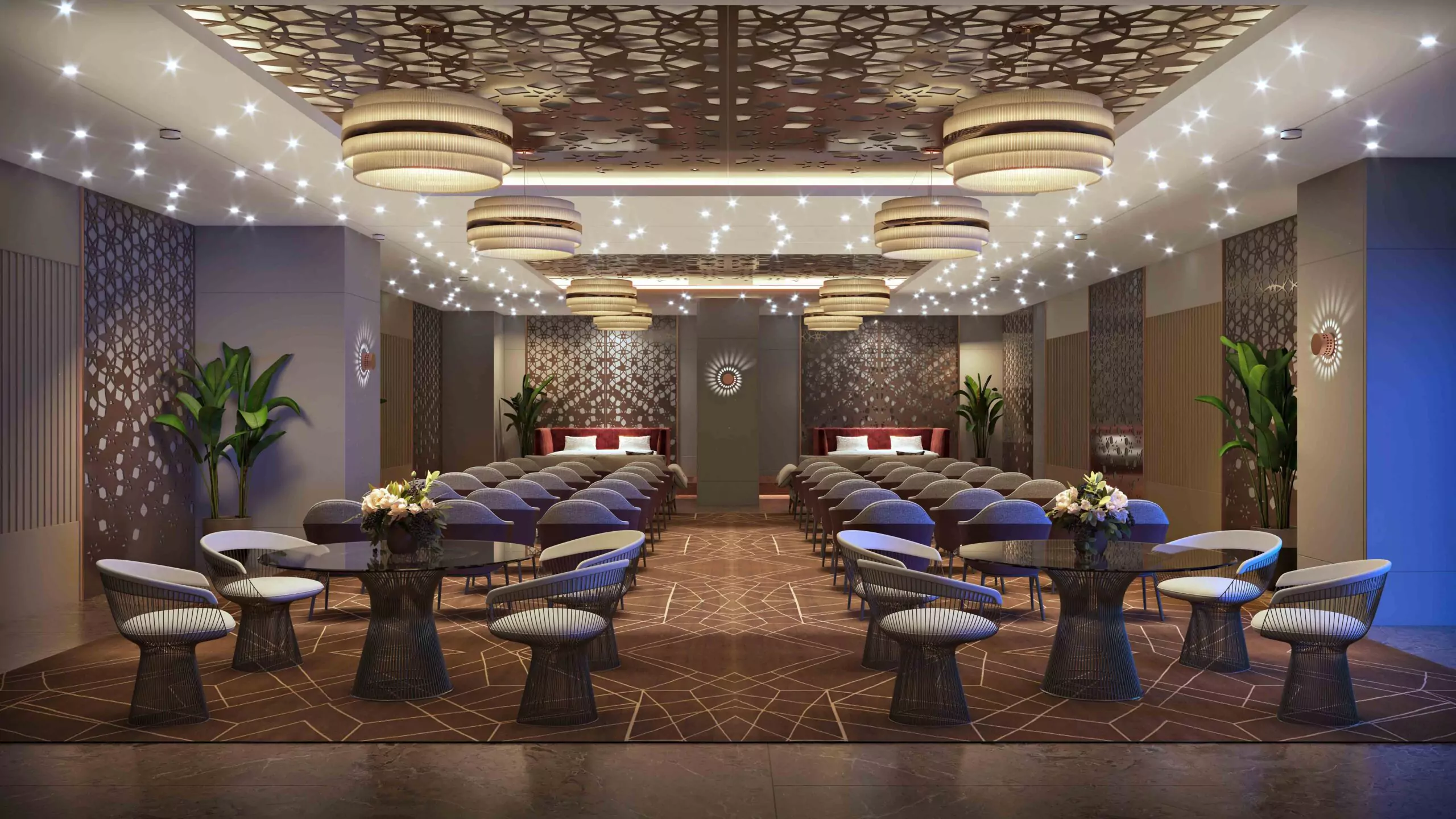 AA Waterfront Apartments Luxury Flats & Penthouse For Sale In DHA Phase 8 Karachi (3) Spacious lounge in AA Waterfront Apartments with ornate patterned ceiling, pendant lights, rows of chairs, round tables, and
