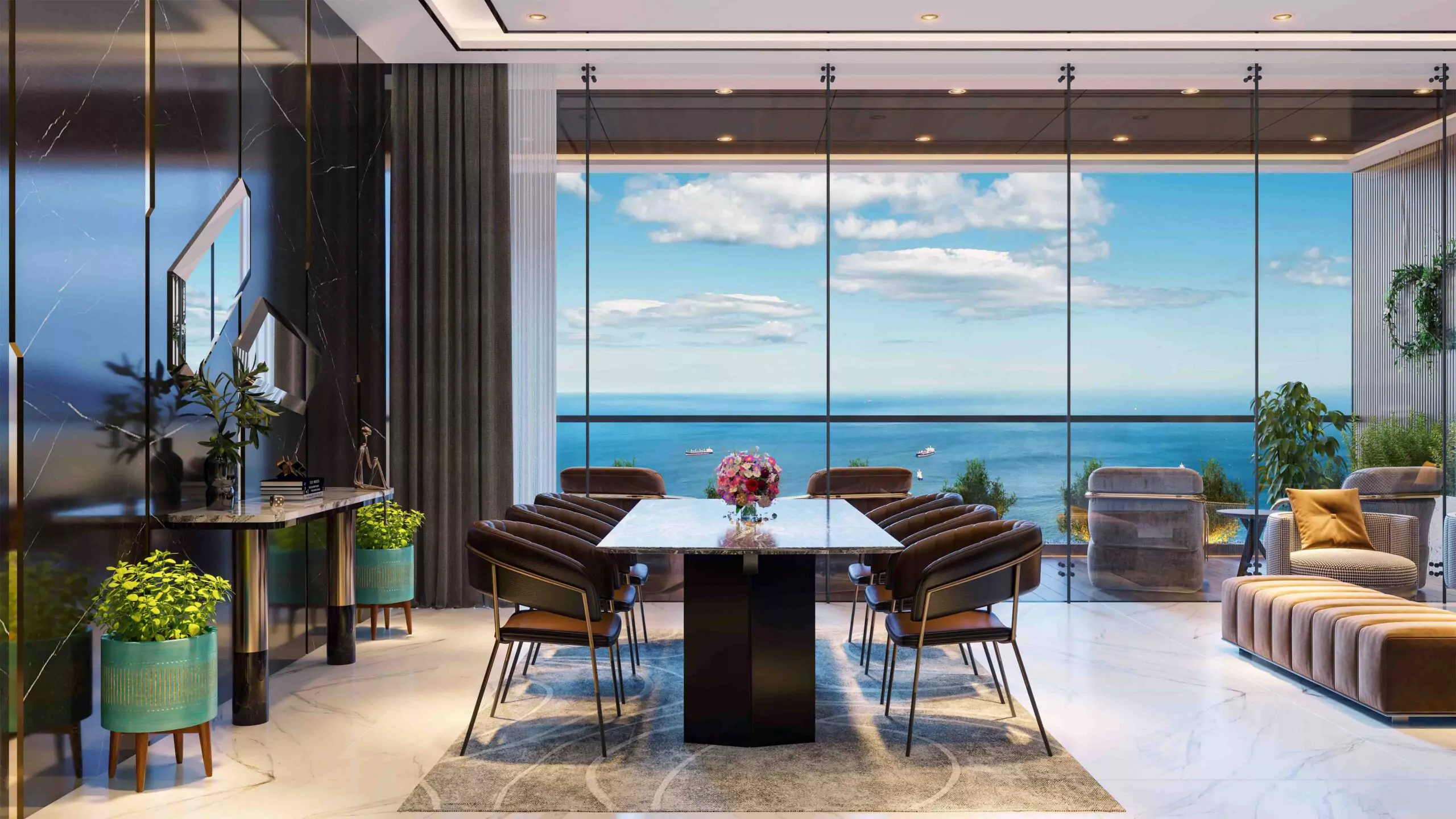 AA Waterfront Apartments Luxury Flats & Penthouse For Sale In DHA Phase 8 Karachi (4) Luxury dining room in AA Waterfront Apartments penthouse with floor-to-ceiling windows overlooking the sea