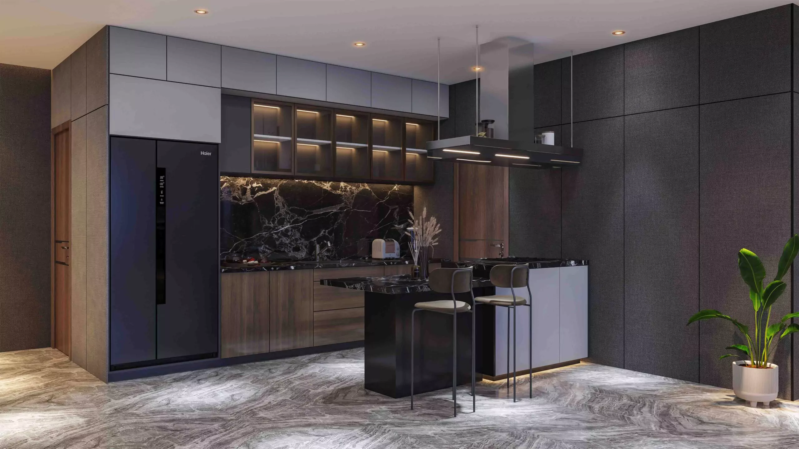 AA Waterfront Apartments Luxury Flats & Penthouse For Sale In DHA Phase 8 Karachi (6) Modern kitchen in AA Waterfront luxury apartment featuring black marble island, dark cabinets, glass shelves, pendant lights,