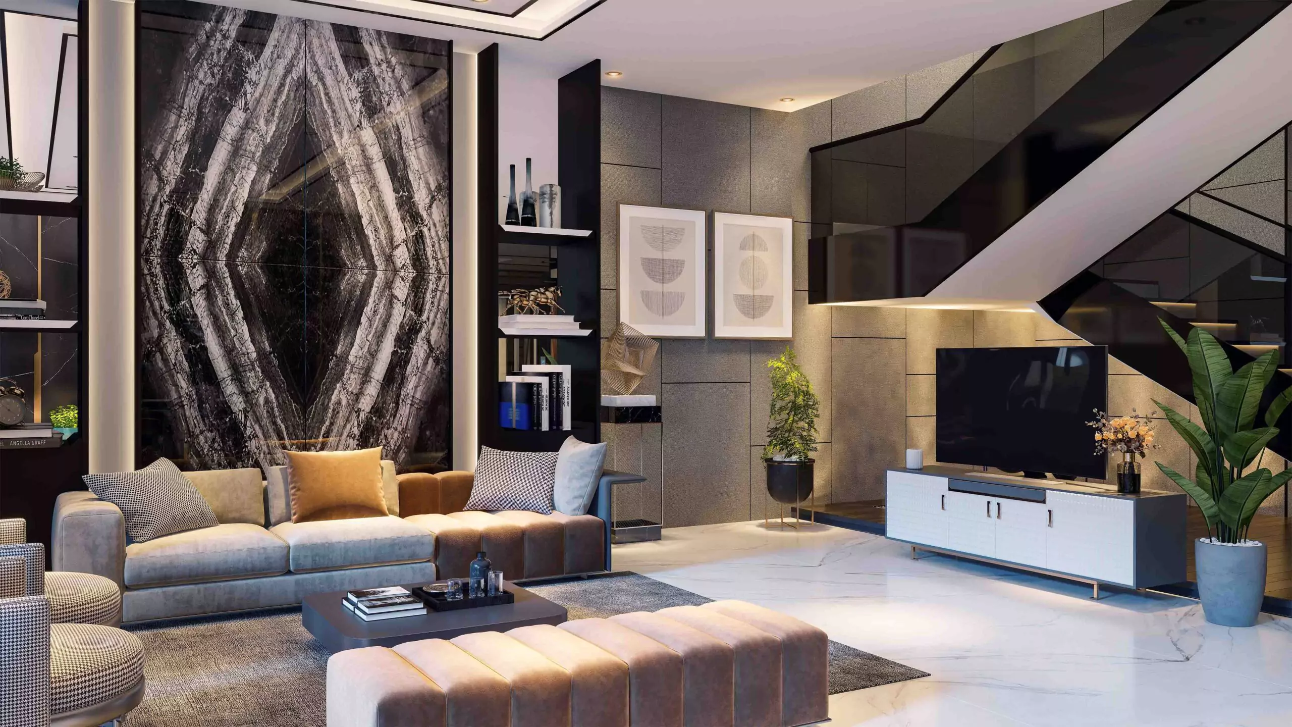 AA Waterfront Apartments Luxury Flats & Penthouse For Sale In DHA Phase 8 Karachi (7) Luxury living room in AA Waterfront Apartments with black marble diamond-pattern wall, L-shaped sofa, TV unit, staircase, pla