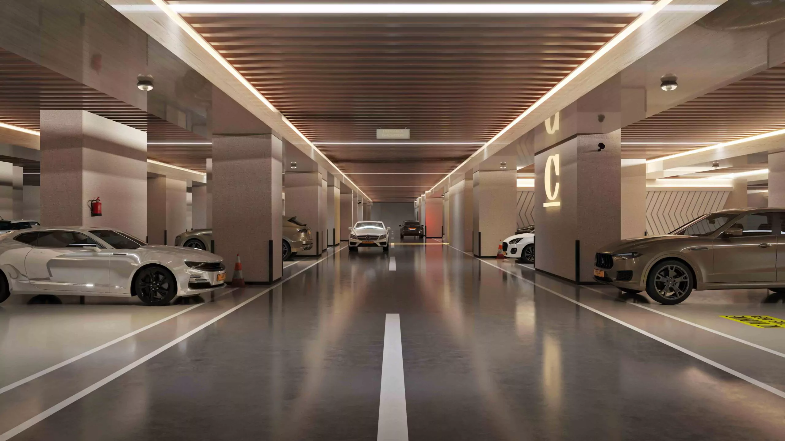 AA Waterfront Apartments Luxury Flats & Penthouse For Sale In DHA Phase 8 Karachi (8) Spacious underground parking garage at AA Waterfront Apartments with luxury cars, wood-paneled ceiling, LED lighting, and mod
