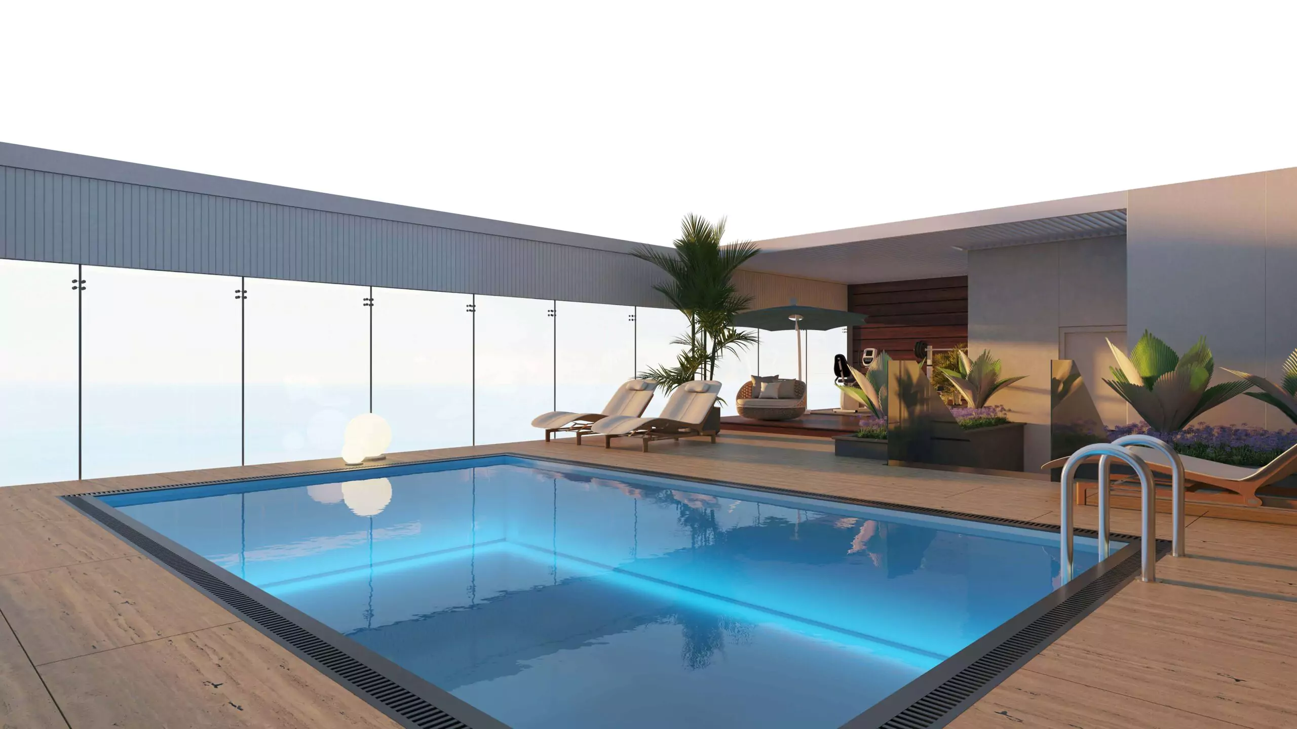 AA Waterfront Apartments Luxury Flats & Penthouse For Sale In DHA Phase 8 Karachi (9) Rooftop infinity pool at AA Waterfront Apartments with sea view, wooden decking, lounge chairs, plants, and glass railings