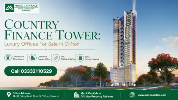 Luxury High-Rise Country Finance Tower With Glass Facade, Surrounded By Lush Greenery In Clifton, Karachi.
