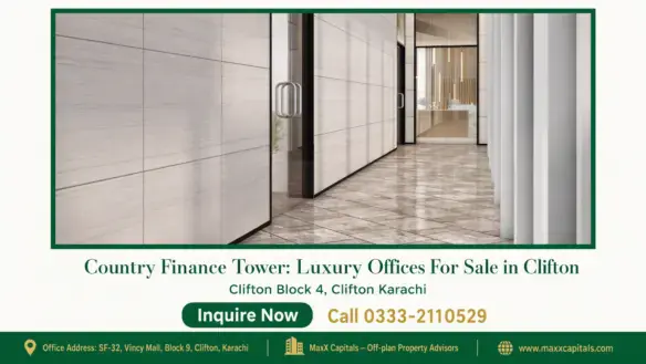 Luxury office corridor in Country Finance Tower with tiled flooring, glass doors, and modern design finishes in Clifton.