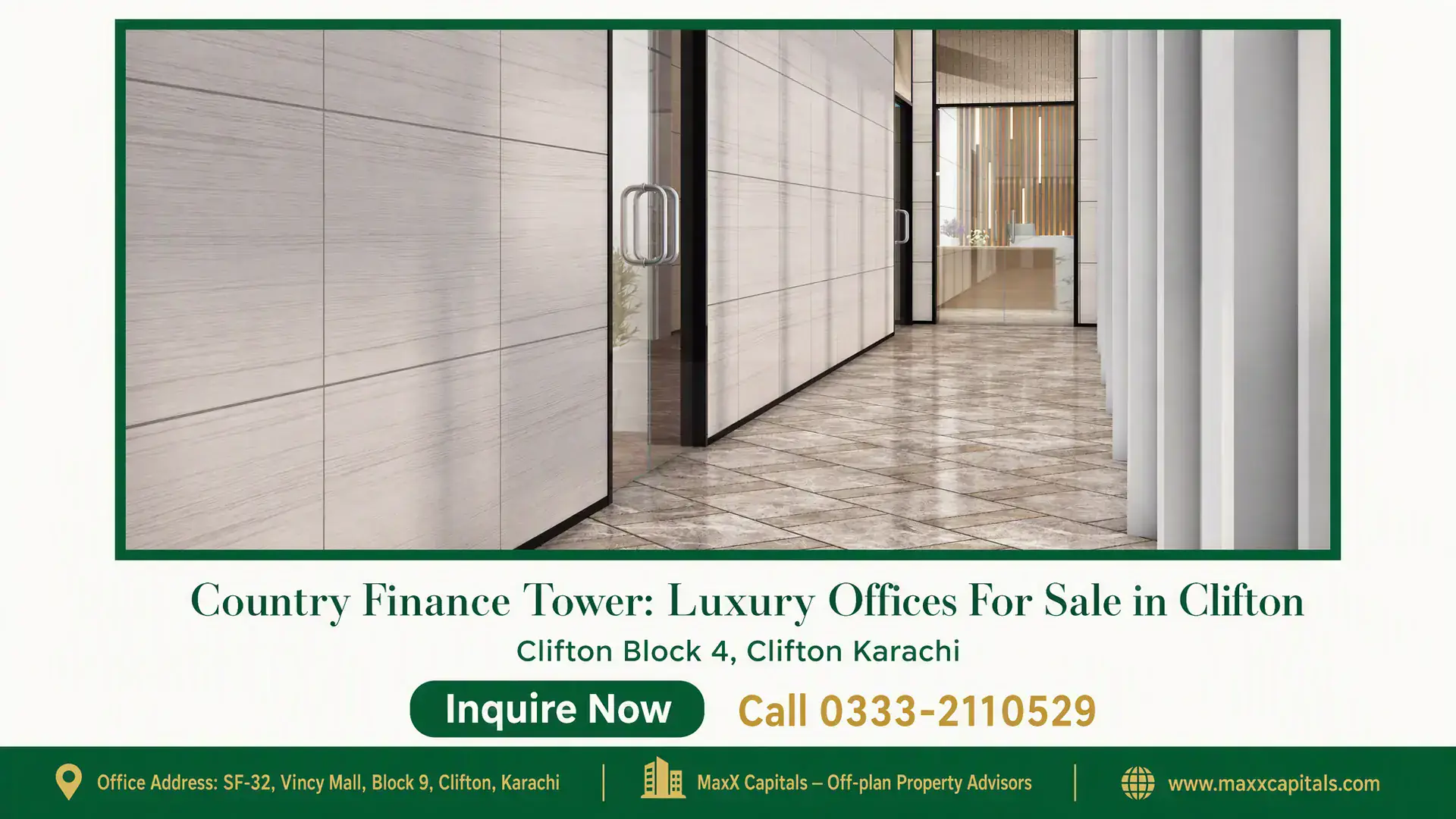 Country Finance Tower: Luxury Offices For Sale in Clifton Luxury office corridor in Country Finance Tower with tiled flooring, glass doors, and modern design finishes in Clifton.