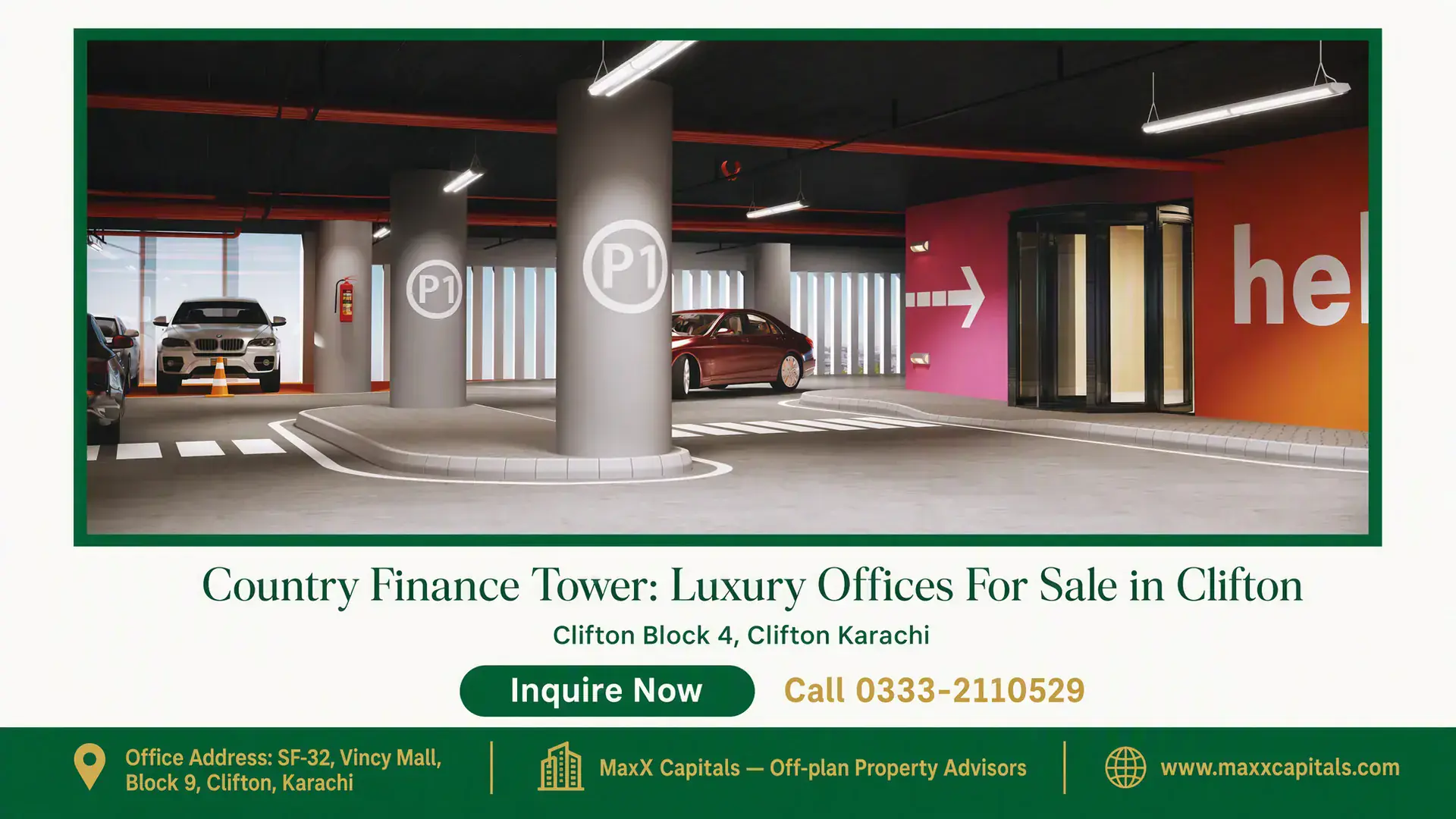 Country Finance Tower: Luxury Offices For Sale in Clifton Modern parking space with designated areas, luxury vehicles, bright lighting, and clear signage in Country Finance Tower.