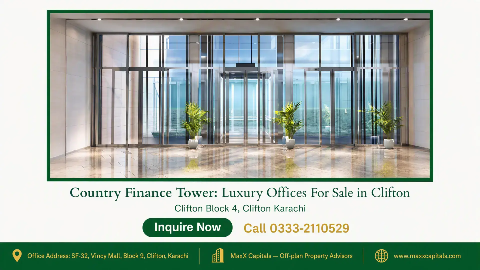 Country Finance Tower: Luxury Offices For Sale in Clifton Modern office lobby of Country Finance Tower in Clifton featuring large glass doors, marble flooring, and potted plants.