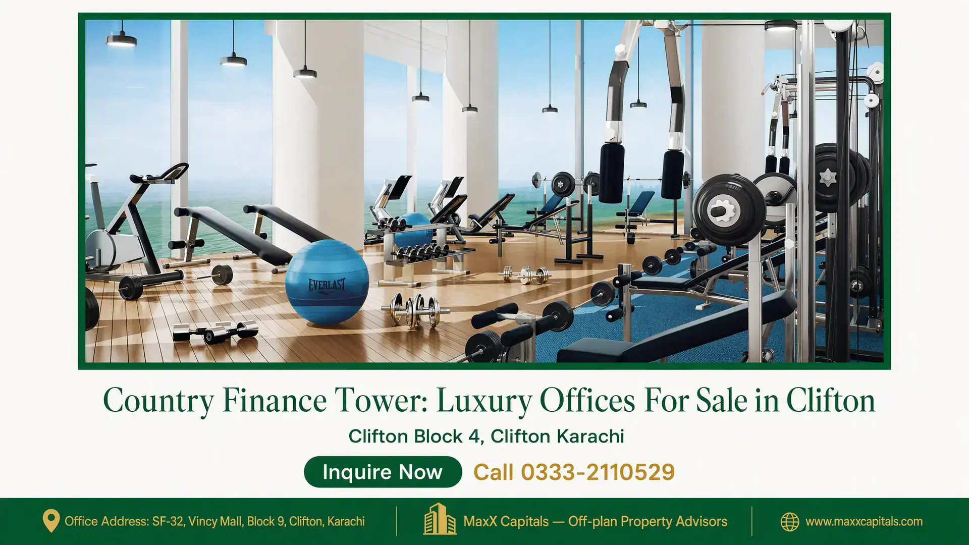 Country Finance Tower: Luxury Offices For Sale in Clifton Modern gym with floor-to-ceiling windows offering ocean views at the Country Finance Tower in Clifton, featuring premium equi