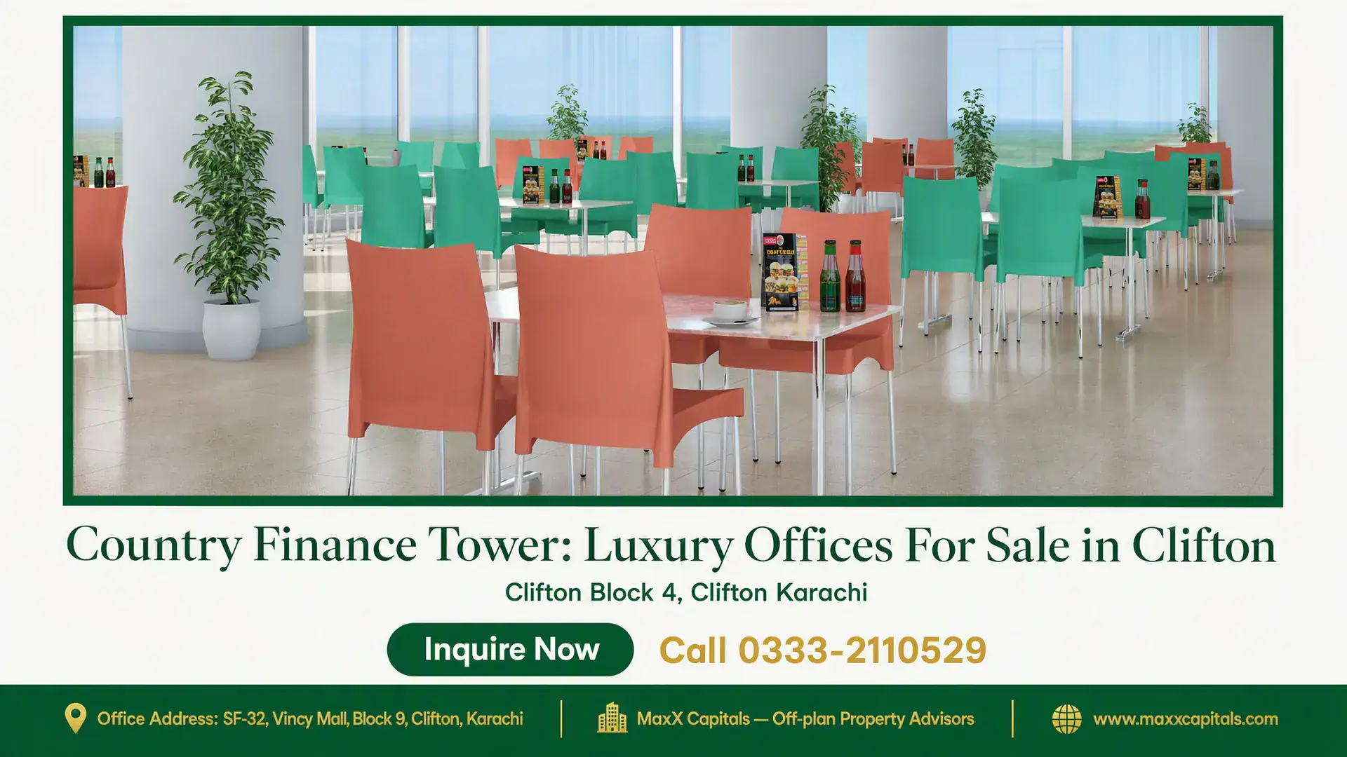 Country Finance Tower: Luxury Offices For Sale in Clifton Modern cafeteria space in Country Finance Tower with vibrant orange and green chairs, marble-finish tables, and natural light