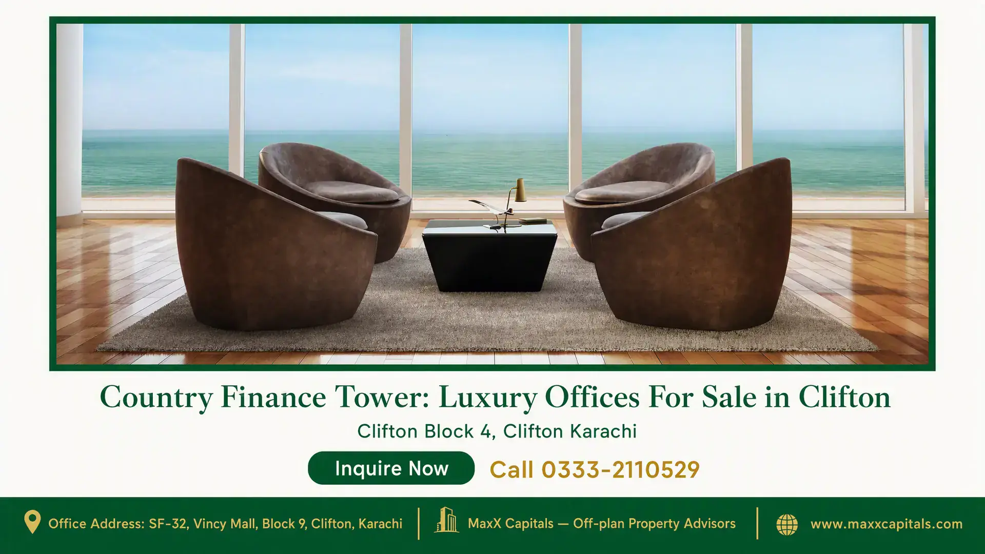 Country Finance Tower: Luxury Offices For Sale in Clifton Modern office lounge in Country Finance Tower with ocean-facing glass windows, polished wooden flooring, and elegant seating.