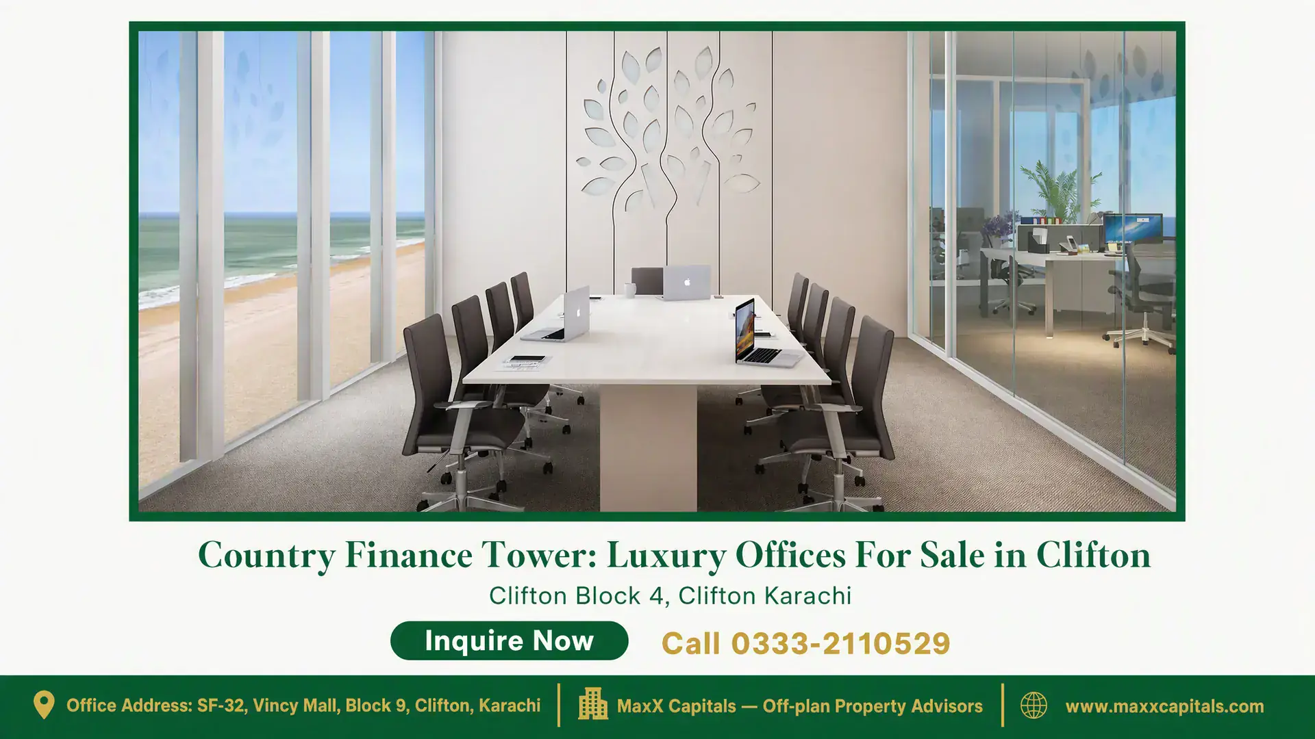 Country Finance Tower: Luxury Offices For Sale in Clifton Modern conference room in Country Finance Tower with floor-to-ceiling glass windows and beachfront views in Clifton.