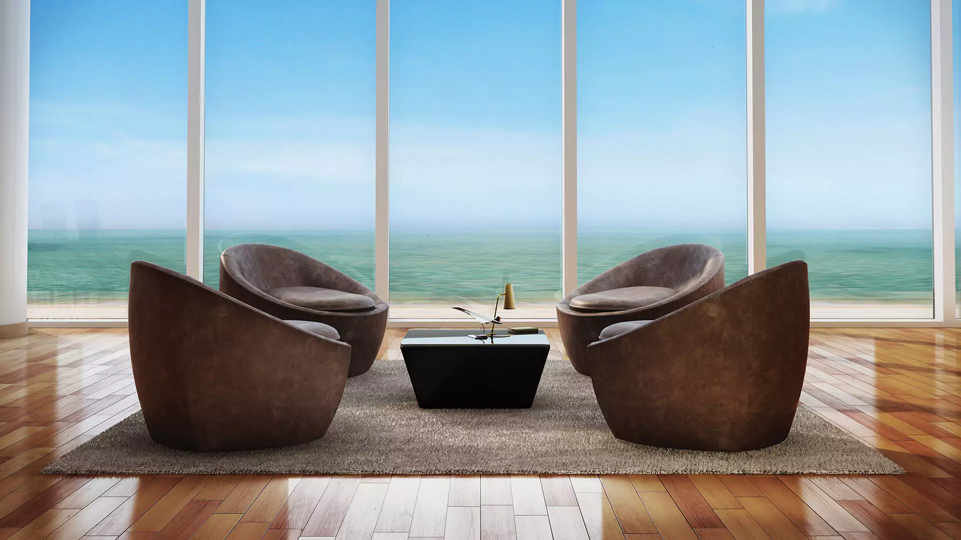 Casual-Sitting Space Country Finance Tower Luxury Offices For Sale in Clifton Block 4 Karachi Luxury office lounge in Country Finance Tower Clifton with sea view through floor-to-ceiling windows curved brown armchairs c